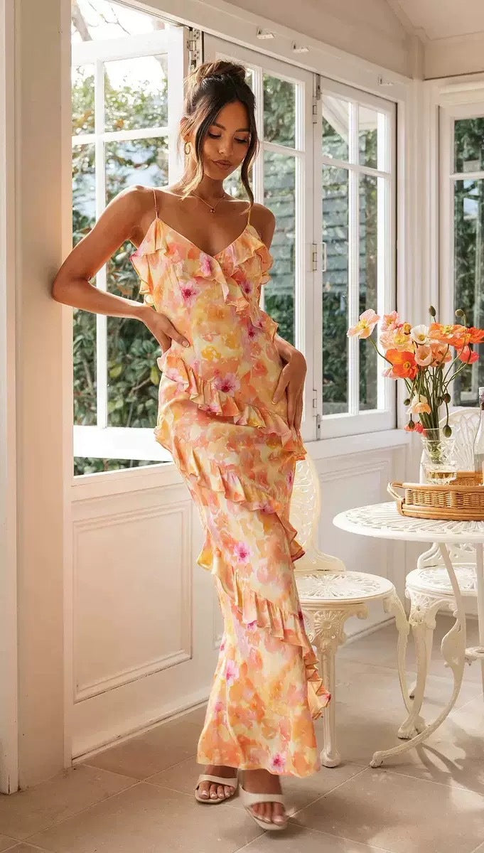 Ladies Long Maxi Dress with Playful Ruffle Details and Floral Pattern