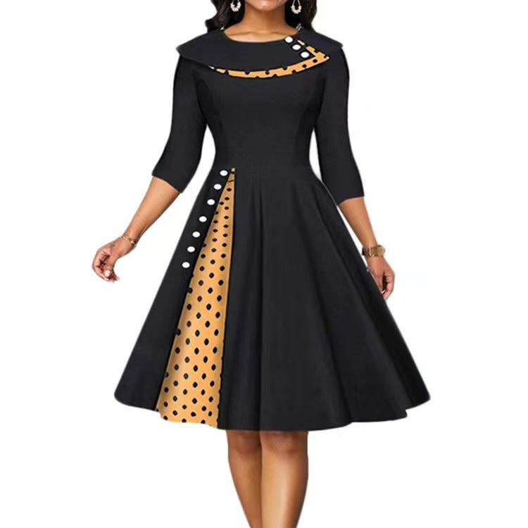 Elegant Woman Midi-Dress with Polka Dots and Chic Side Contrast Detail