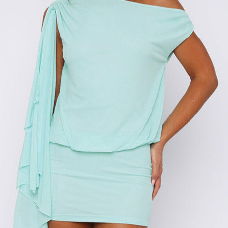 Asymmetrical short dress with short sleeves for women with modern ruffle details Lune London