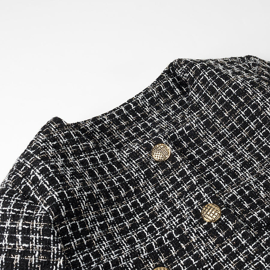 Ladies elegant short jacket in a trendy tweed style with gold button details Lune London