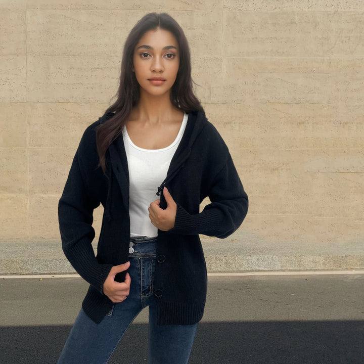 Casual knit cardigan for women with hood and large buttons Lune London