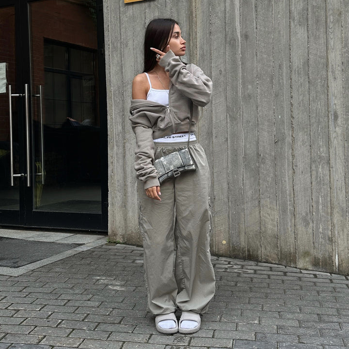 Casual utility style cargo pants for women with an elastic waistband and practical pockets Lune London