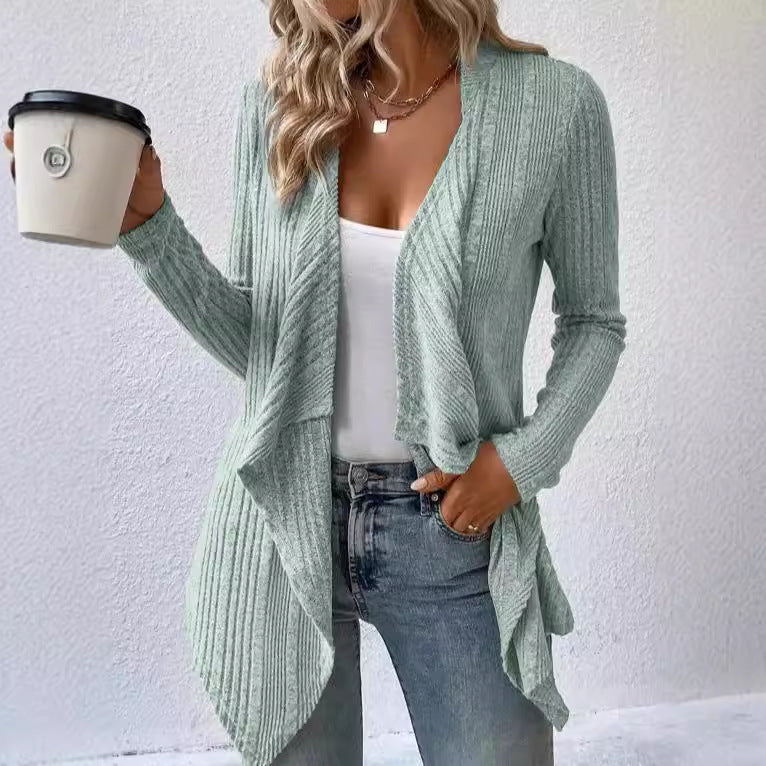 Casual knitted jacket for women with asymmetric hem and open design Lune London