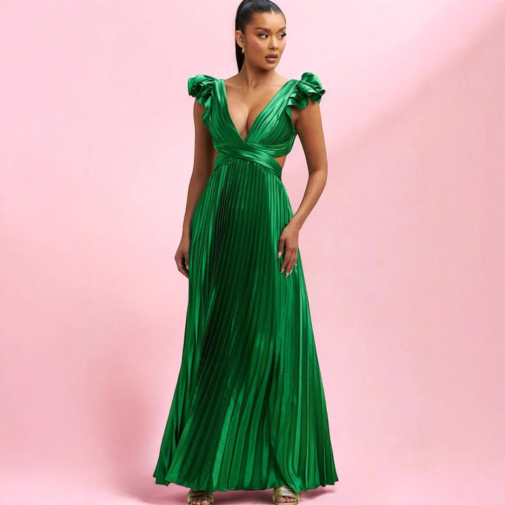 Elegant Women's Maxi Dress with Deep V Neckline and Chic Ruffle Details