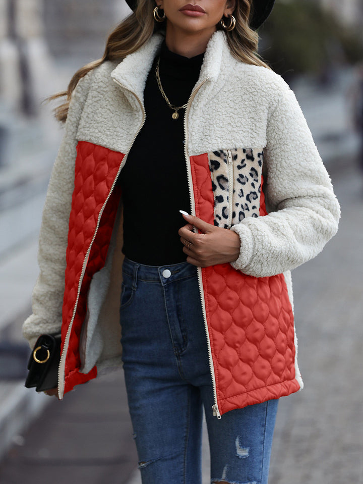 Women's fleece jacket with modern patchwork details and a chic animal print