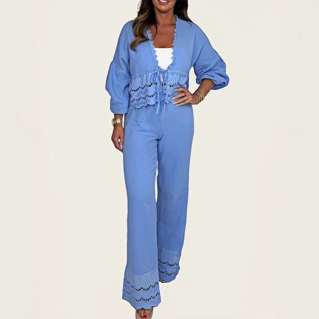 Lune London two-piece casual set for women with lace embellishments