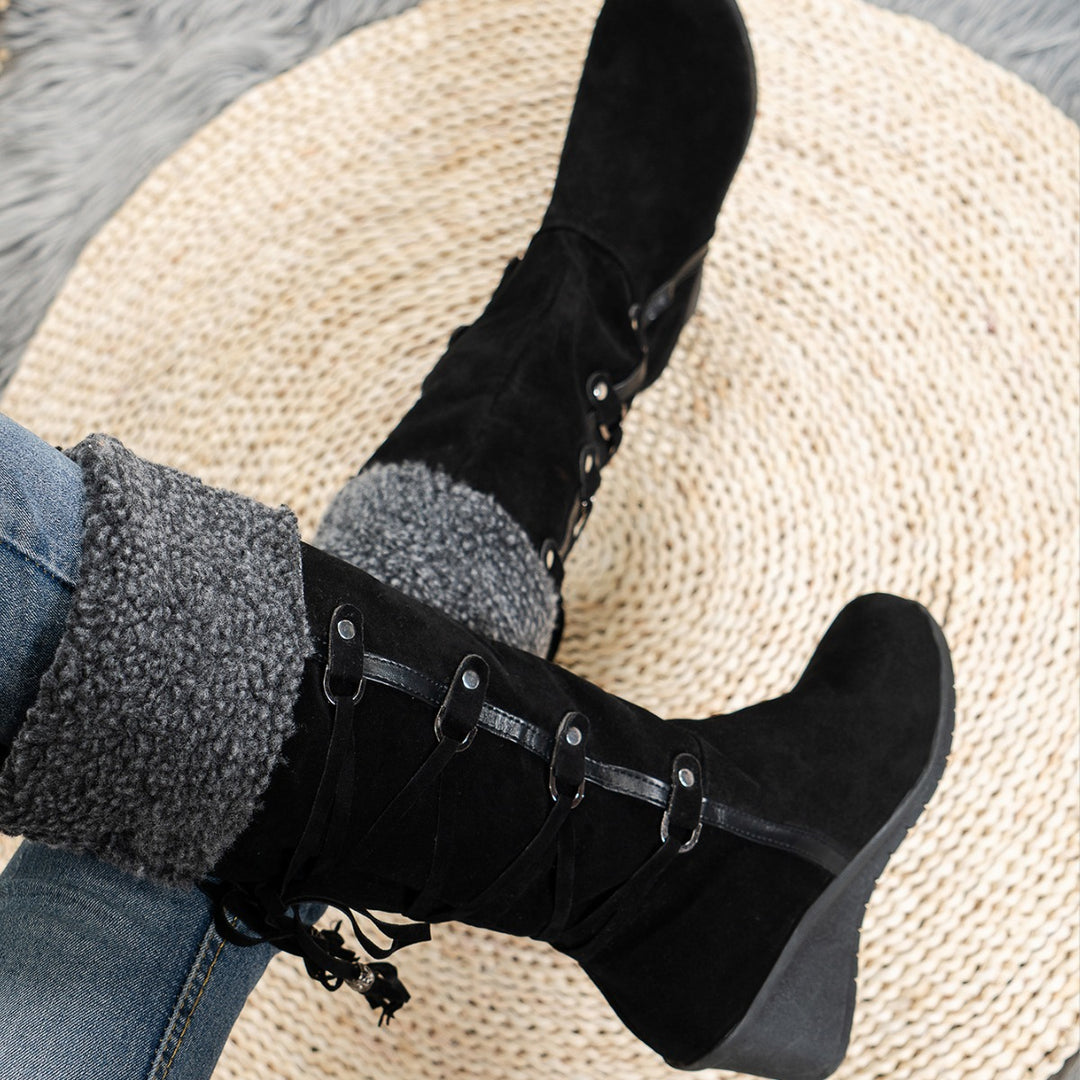 Wedge heel boots for women with cozy inner lining and stylish lace-up design Lune London