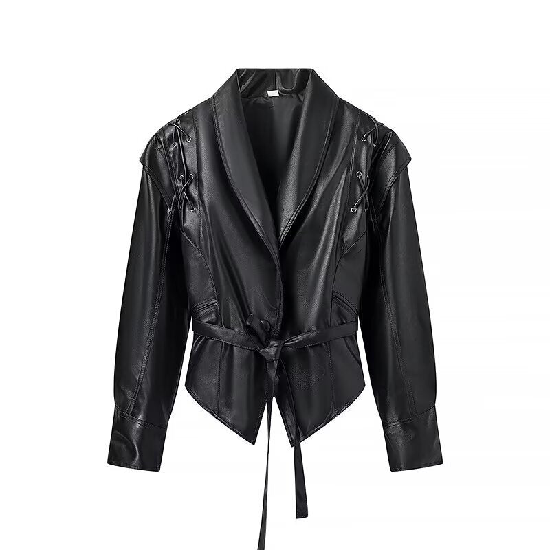 Ladies elegant faux leather jacket with adjustable belt and decorative lace details Lune London