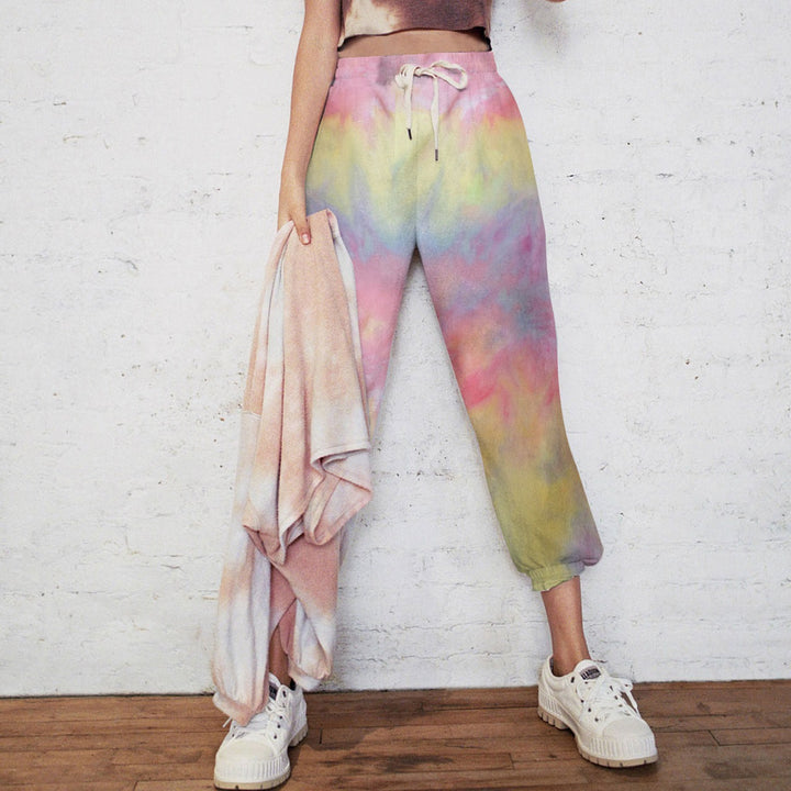 Leisure pants for women with a colorful tie-dye design and an elastic waistband Lune London