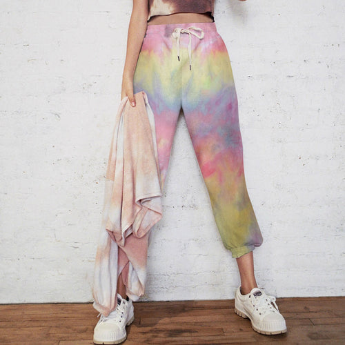 Leisure pants for women with a colorful tie-dye design and an elastic waistband Lune London