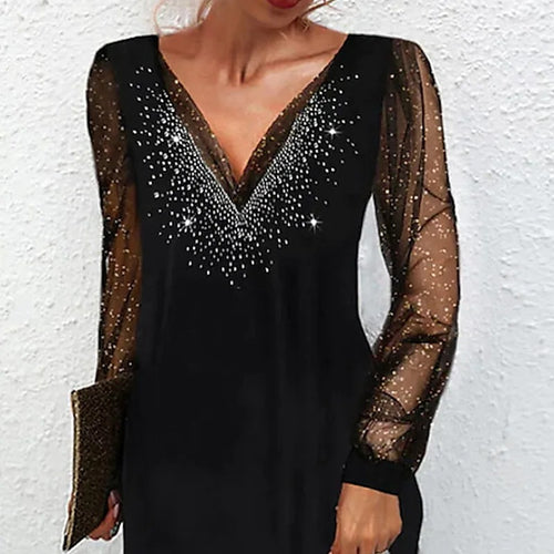 Elegant evening dress for ladies with shimmering accents and sheer sleeves Lune London