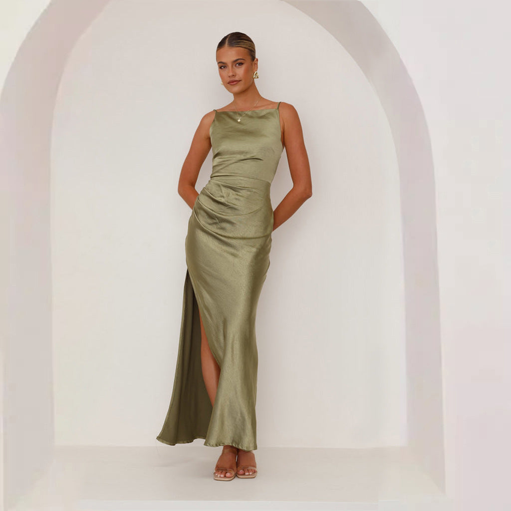 Elegant satin maxi dress for women with stylish gathered neckline and side slit Chic & Stil