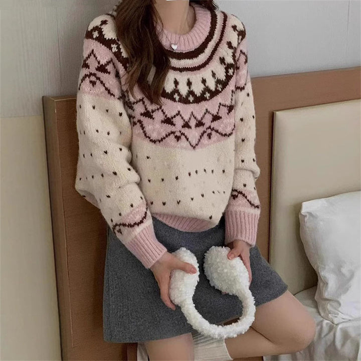 Knitted sweater for women with graphic Norwegian pattern and high round neckline Lune London