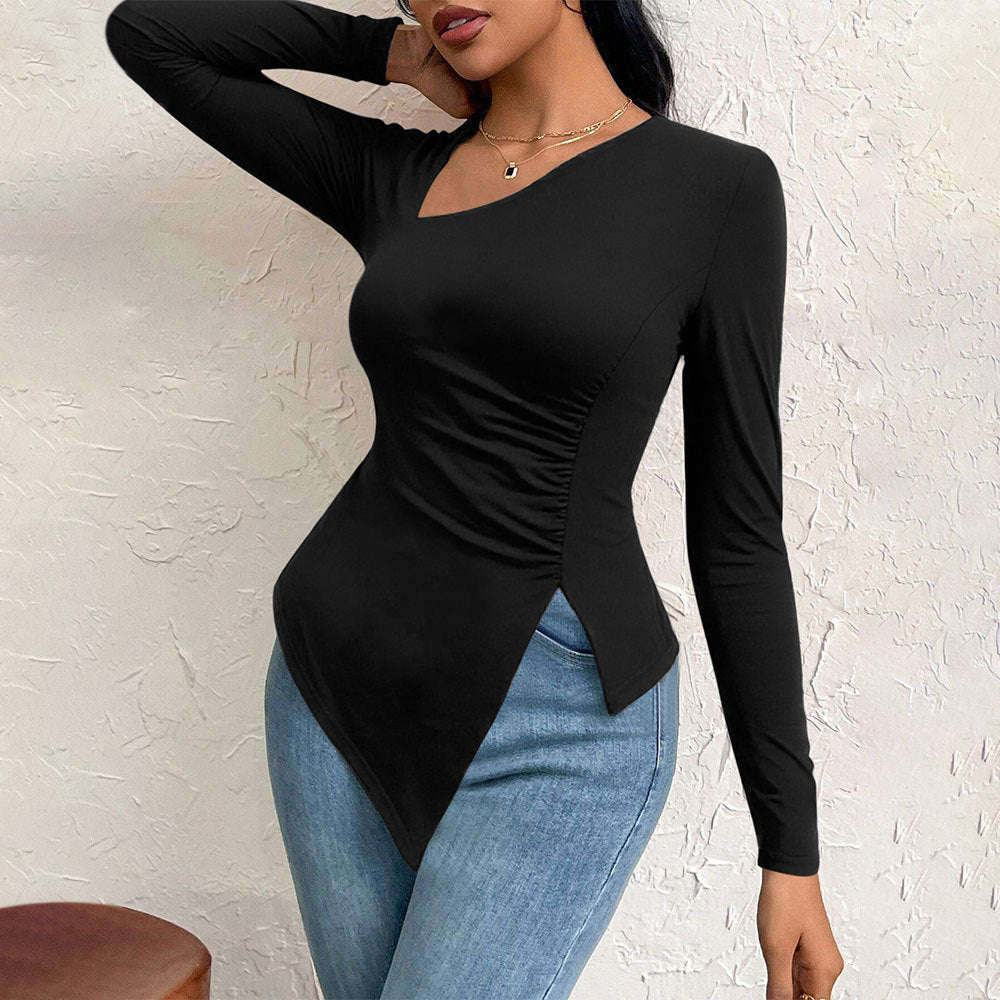 Chemise à manches longues pour femmes avec coupe asymétrique et fronces à la mode Chic & Stil