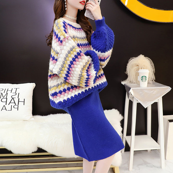 Pull tricoté confortable pour femmes avec un motif de blocs colorés et des manches volumineuses Chic & Stil