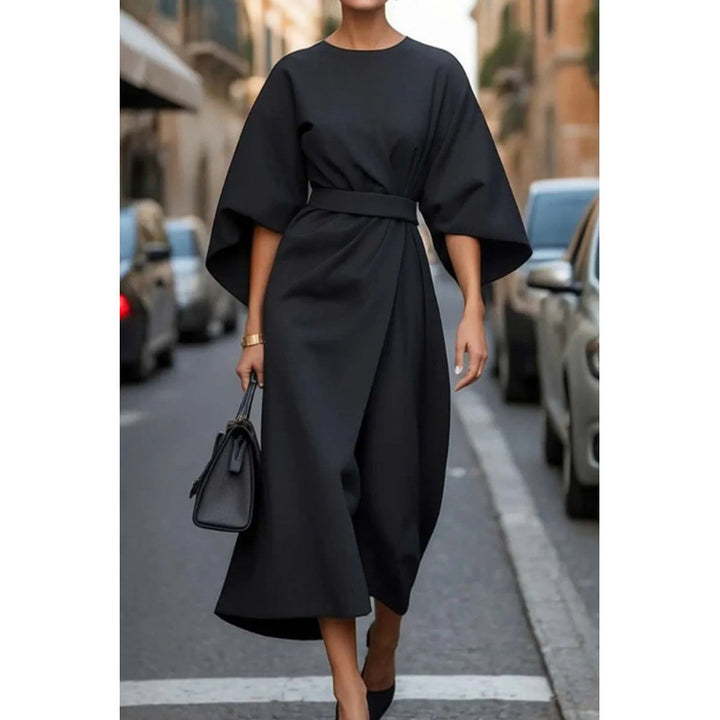 Ladies Elegant Maxi Dress with Wide Sleeves and Chic Fitted Belt Style
