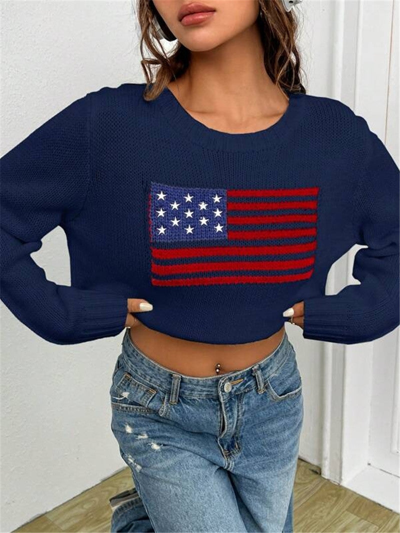 Casual cropped sweater for women with flag pattern and textured knit Lune London