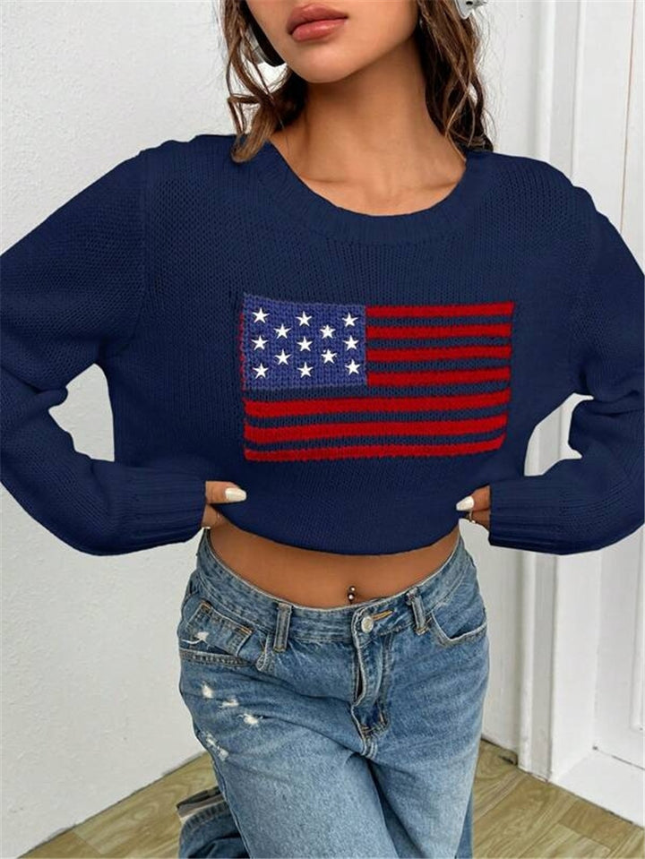 Casual cropped sweater for women with flag pattern and textured knit Lune London