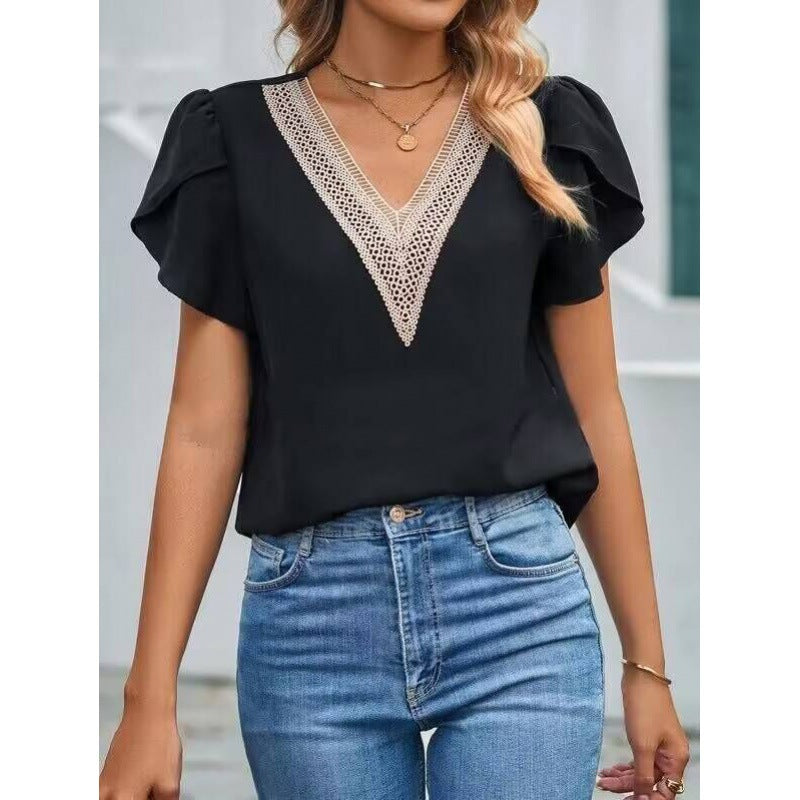 Elegant V-neck blouse for ladies with lace embellishments Lune London