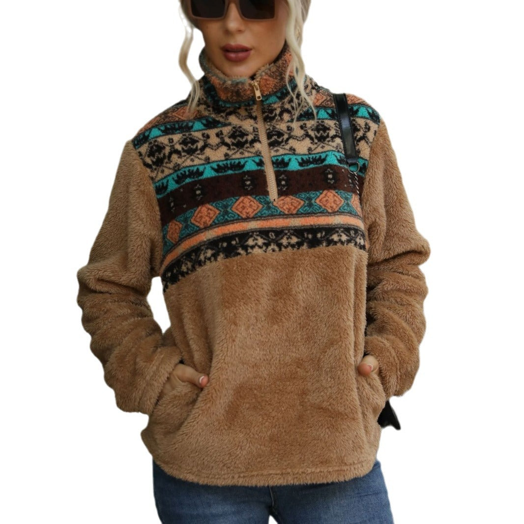 Fleece sweater for women with high neck and decorative pattern Lune London