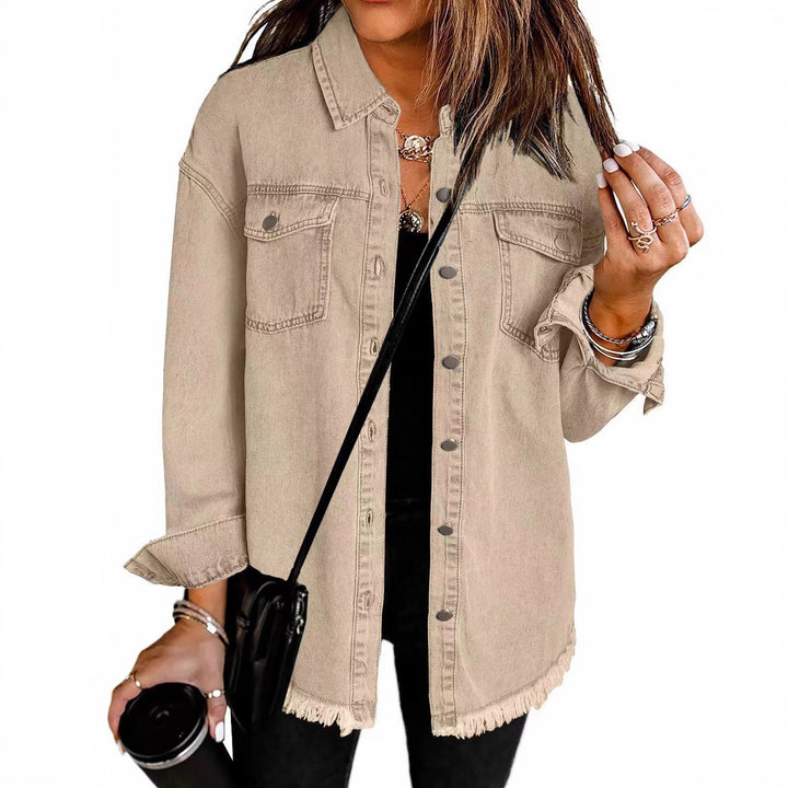 Ladies Denim Overshirt with Fringed Hem and Chest Pockets Lune London