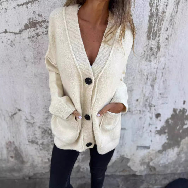 Ladies soft knit cardigan with deep V-neck and large pockets Lune London
