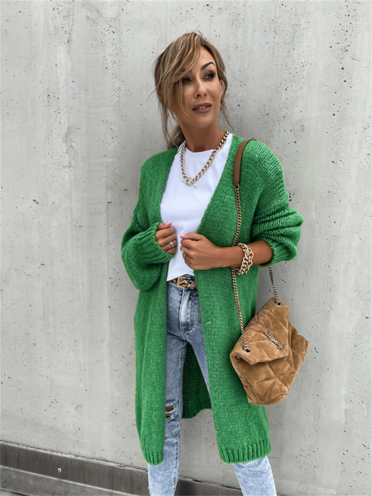 Ladies Thick Knit Cardigan with Open Front and Rolled Sleeves Lune London