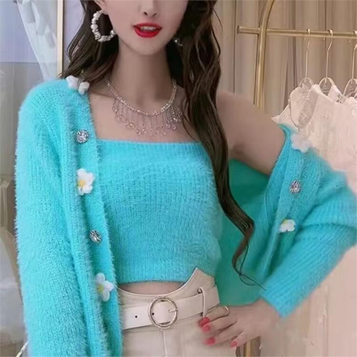 Floral pattern knitted top for women with matching open cardigan Lune London