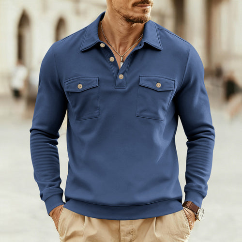 Men's long sleeve shirt with practical chest pockets and modern Henley neckline Lune London