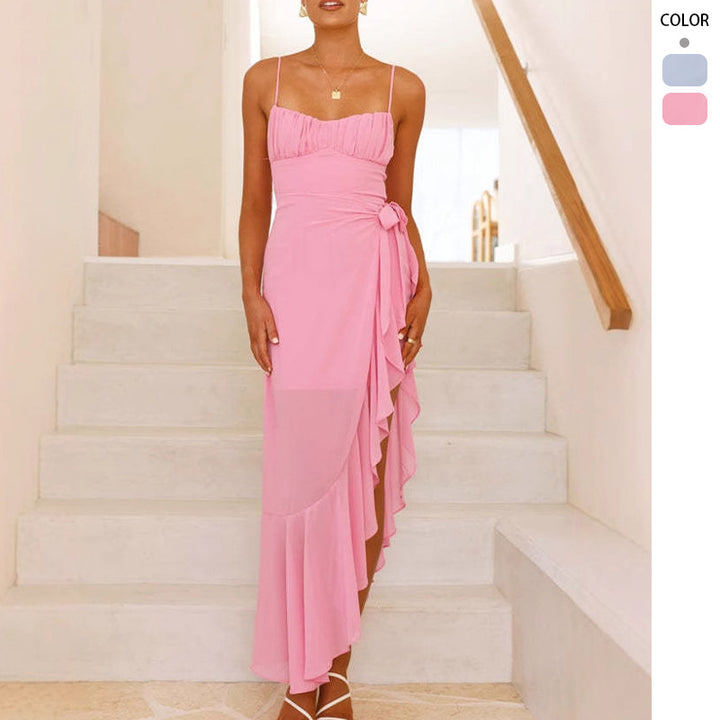 Elegant Maxi Dress for Women with Asymmetric Cut and Chic Ruffles & Style