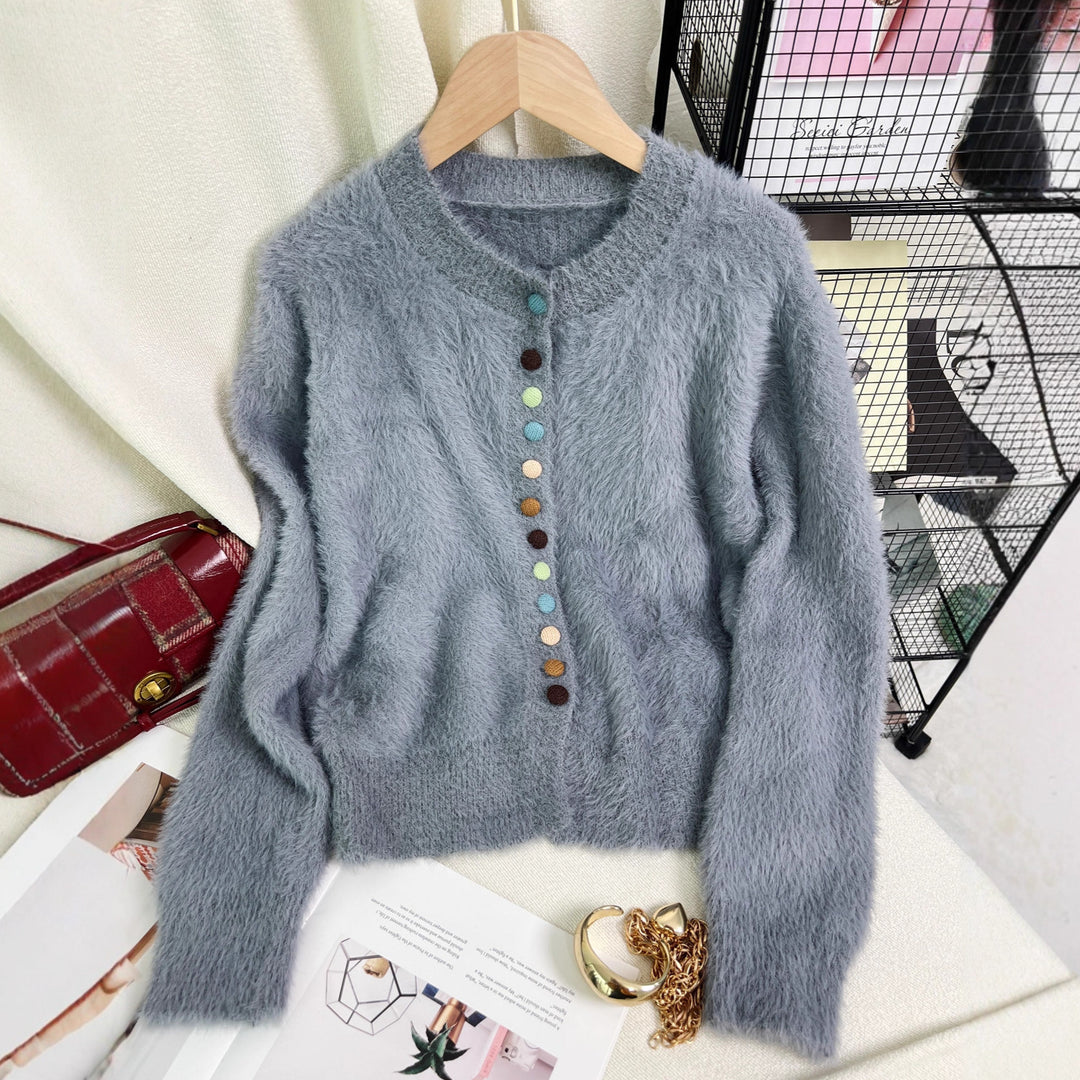 Cardigan féminin en peluche avec des boutons colorés et un design ample Chic & Stil