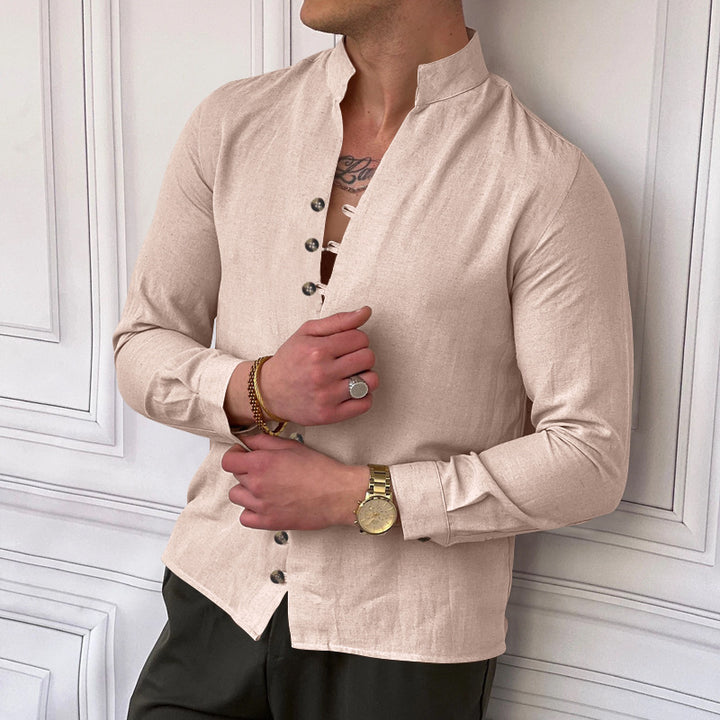 Men's long sleeve shirt with high collar and fashionable button details Lune London