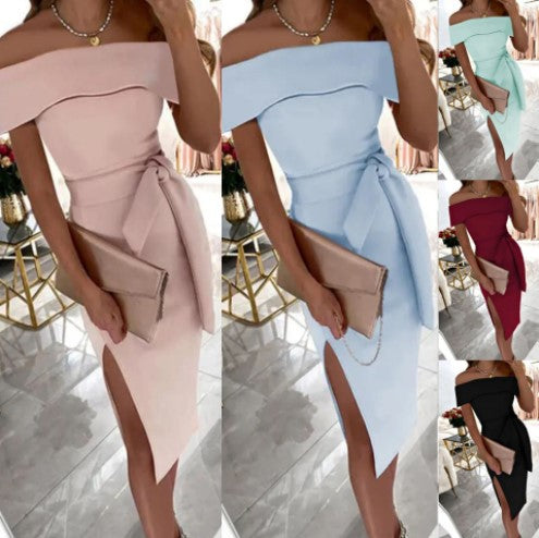 Elegant bodycon dress for women with off-shoulder design, side slit and bow detail Lune London