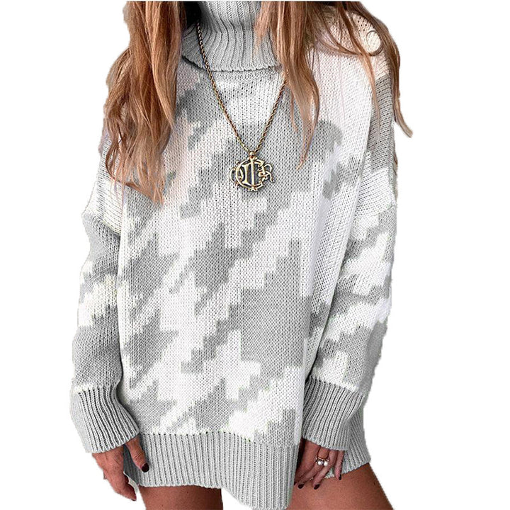 Thick knit sweater for women with a high collar and modern geometric pattern Lune London