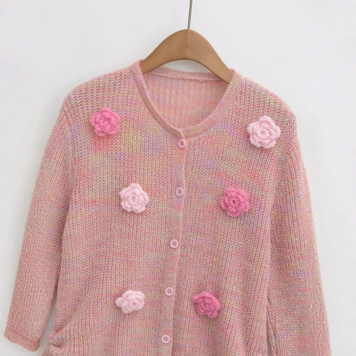 Ladies cardigan with floral appliqués and adjustable hem Lune London