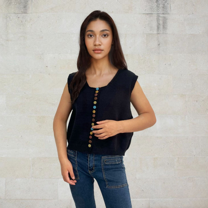 Ladies sleeveless knit vest with decorative buttons Lune London