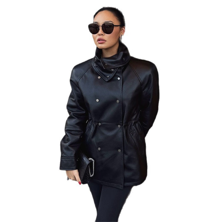 Faux leather jacket for women with high collar and practical pockets Lune London