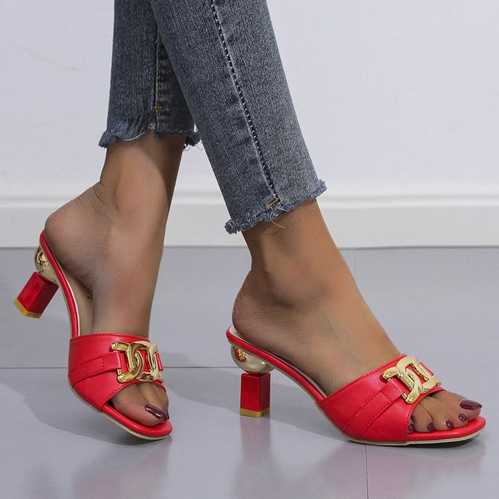 Ladies Mules with Shiny Golden Accent and Comfortable Block Heel Lune London