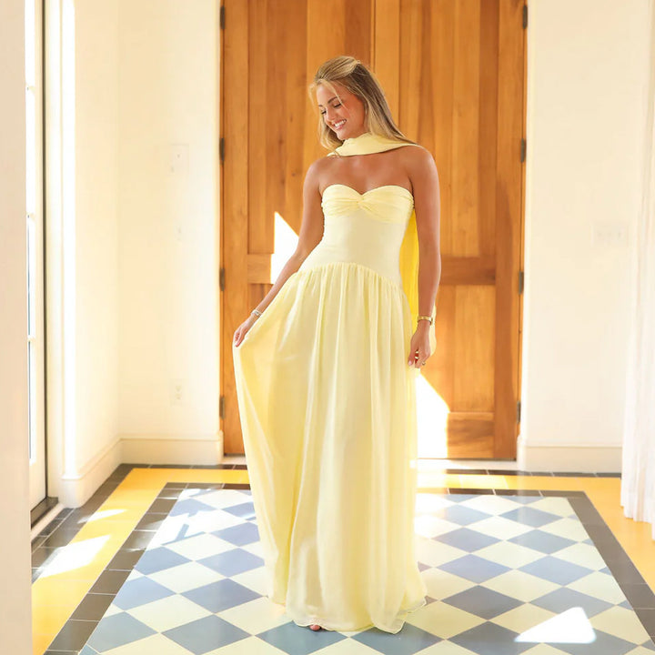 Maxi dress for women with an elegant lace-up bodice and a flowy skirt Lune London