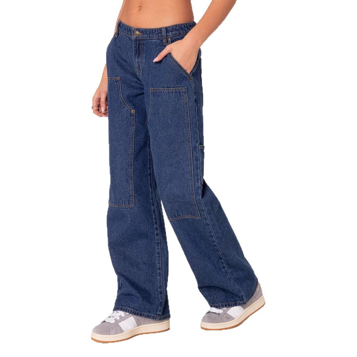 Women's Wide Cut Utility Jeans with Practical Pockets and High Waist