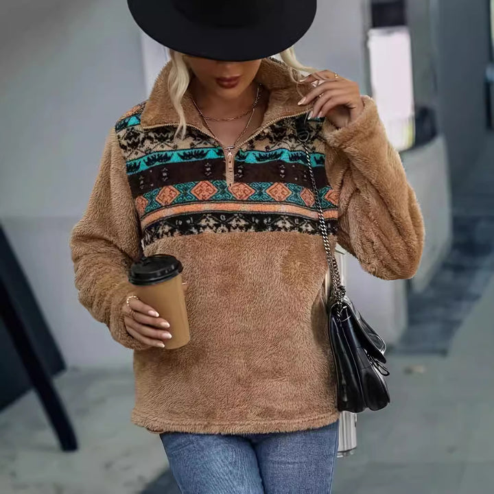 Fleece pullover for women with floral pattern and practical half-zip Lune London