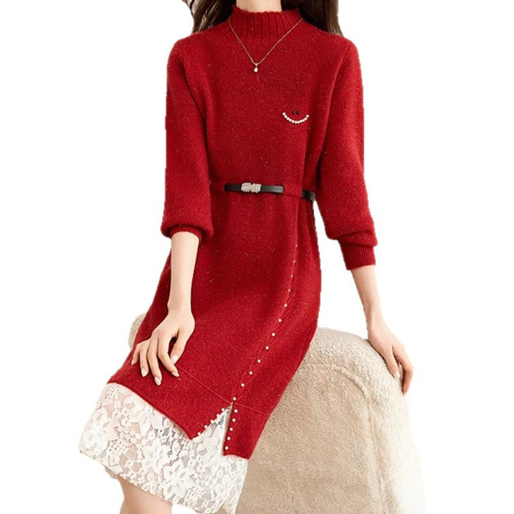 Women's knit dress with decorative button details and lace Lune London