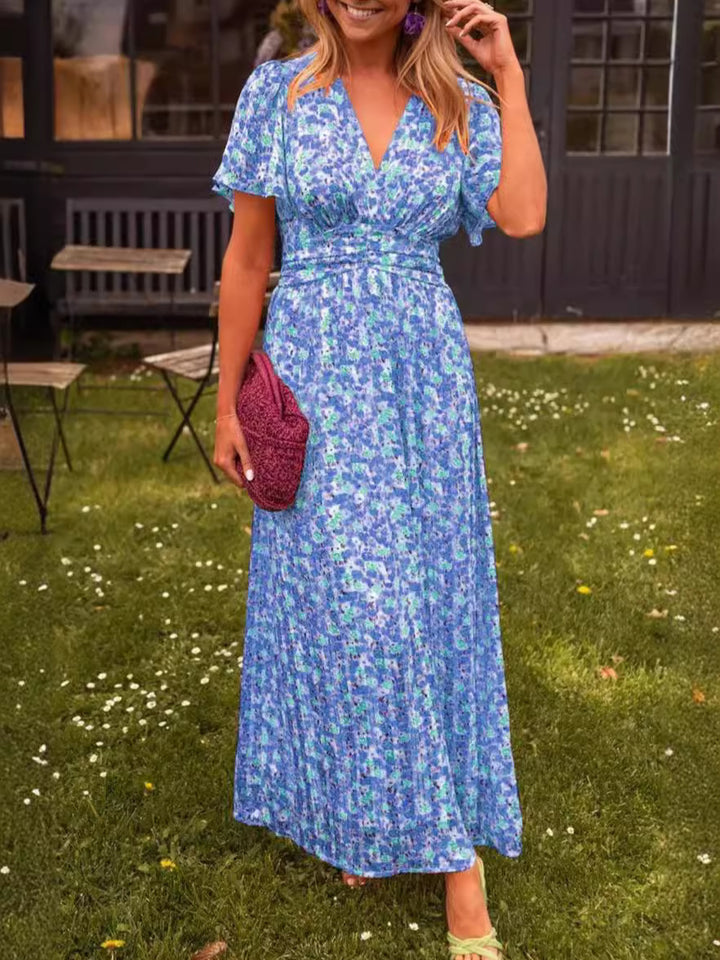 Maxi dress for women with floral gathers and V-neck Lune London