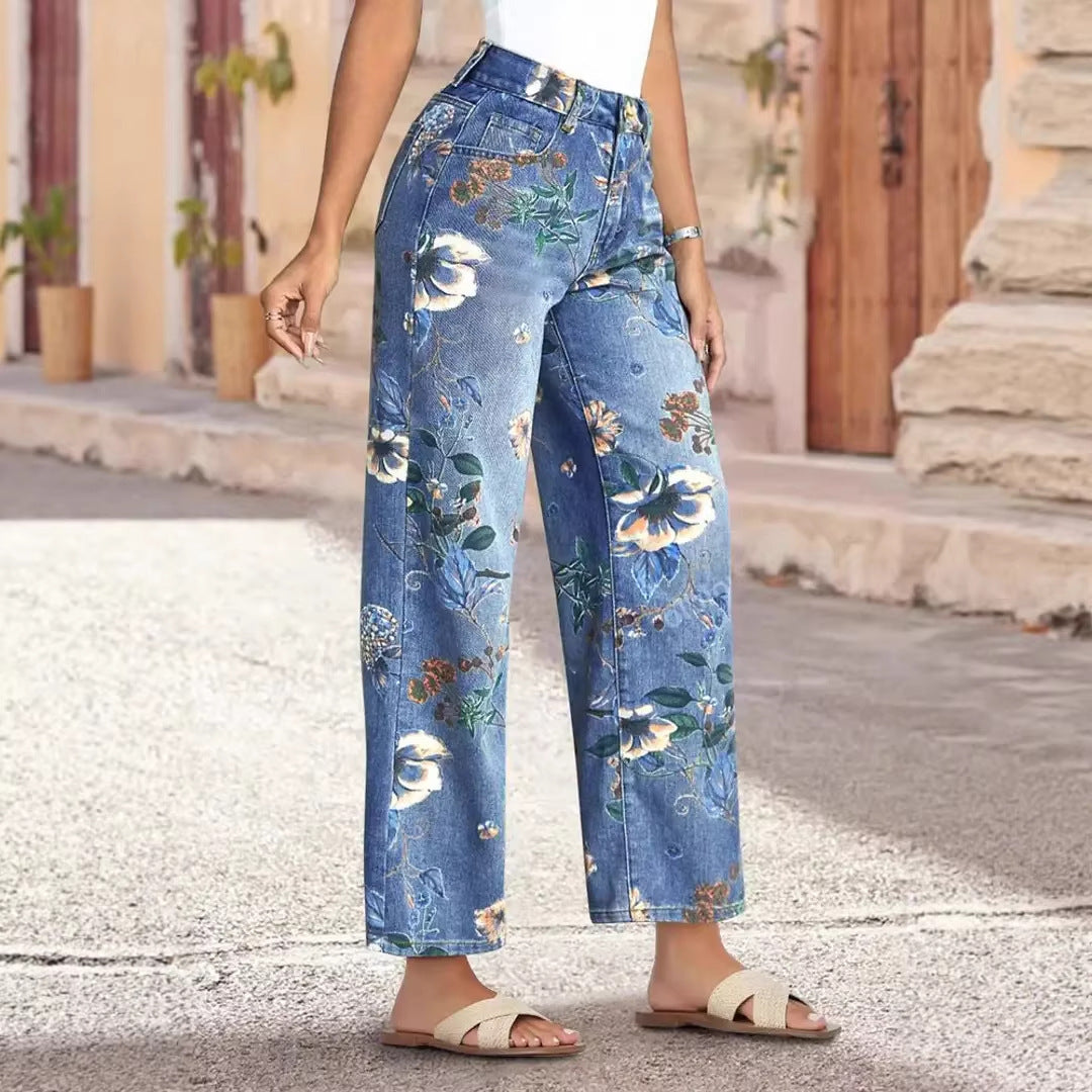 Women's Wide Cut Jeans with Floral Print and High Waist