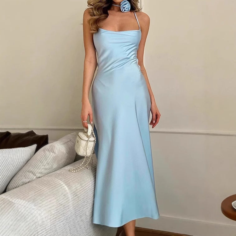 Ladies Elegant Maxi Dress in Cotton with Thin Spaghetti Straps and Deep Chic Neckline