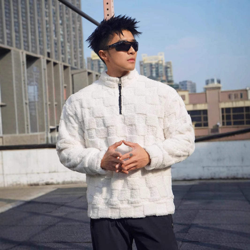 Men's fleece pullover with structured surface texture and high collar Lune London