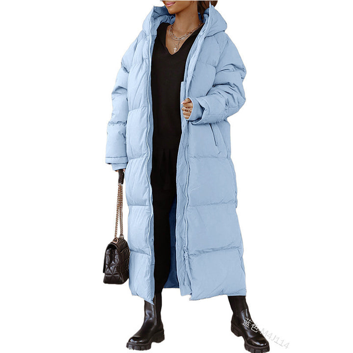 Ladies long padded jacket with hood and practical side pockets Lune London