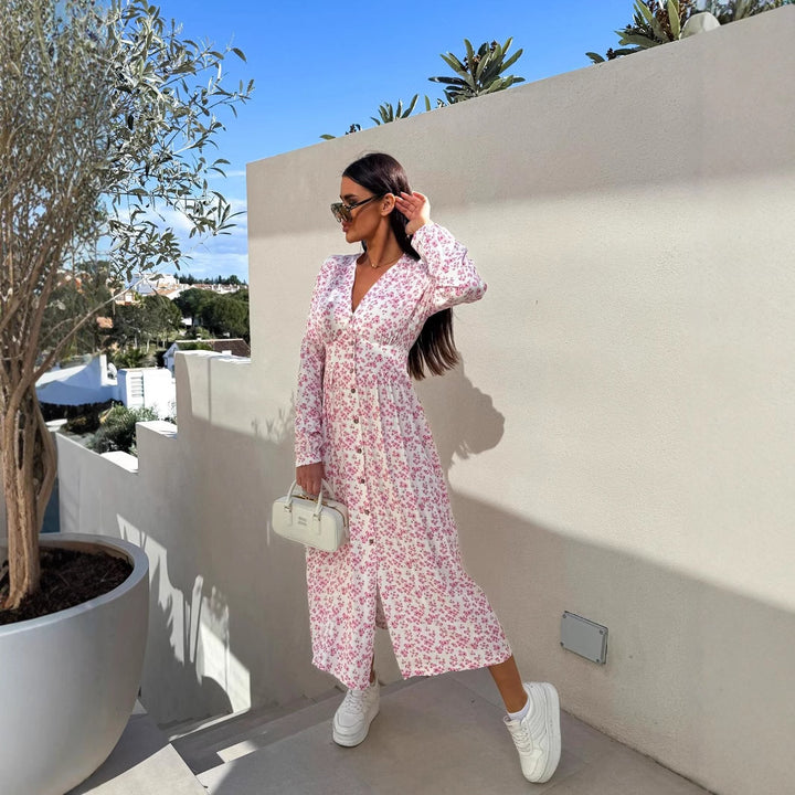 Lune London Floral Maxi Dress for Women with Button Details