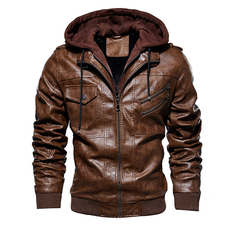 Casual synthetic leather jacket for men with removable hood and multiple pockets Lune London
