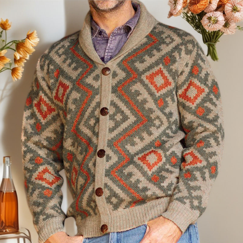 Men's knitted jacket with traditional geometric pattern and warm shawl collar Lune London